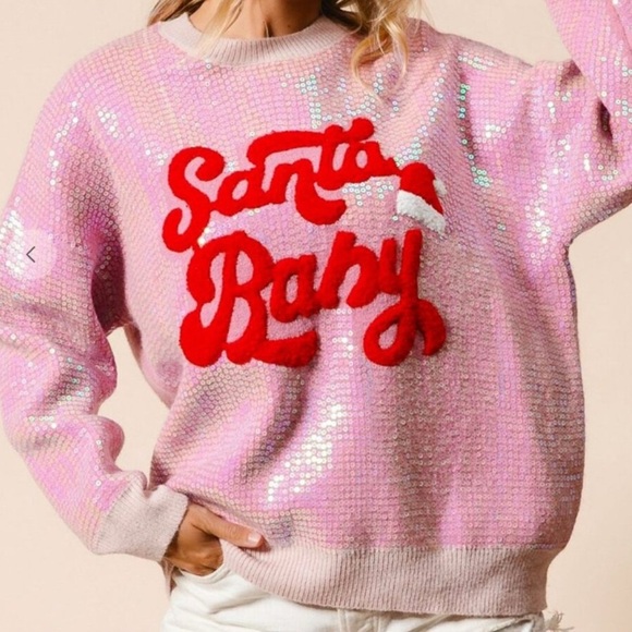BIBI Santa Baby Pink Sequin Christmas Holiday Sweater, Size S - Picture 1 of 9